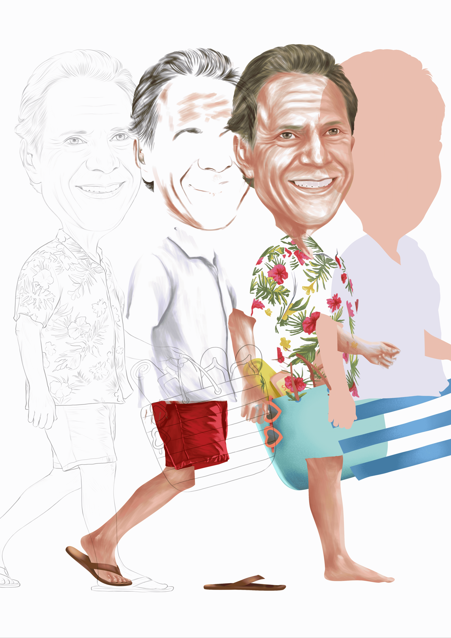 Digital illustration showing progressive stages of a caricature man in a Hawaiian shirt being drawn.