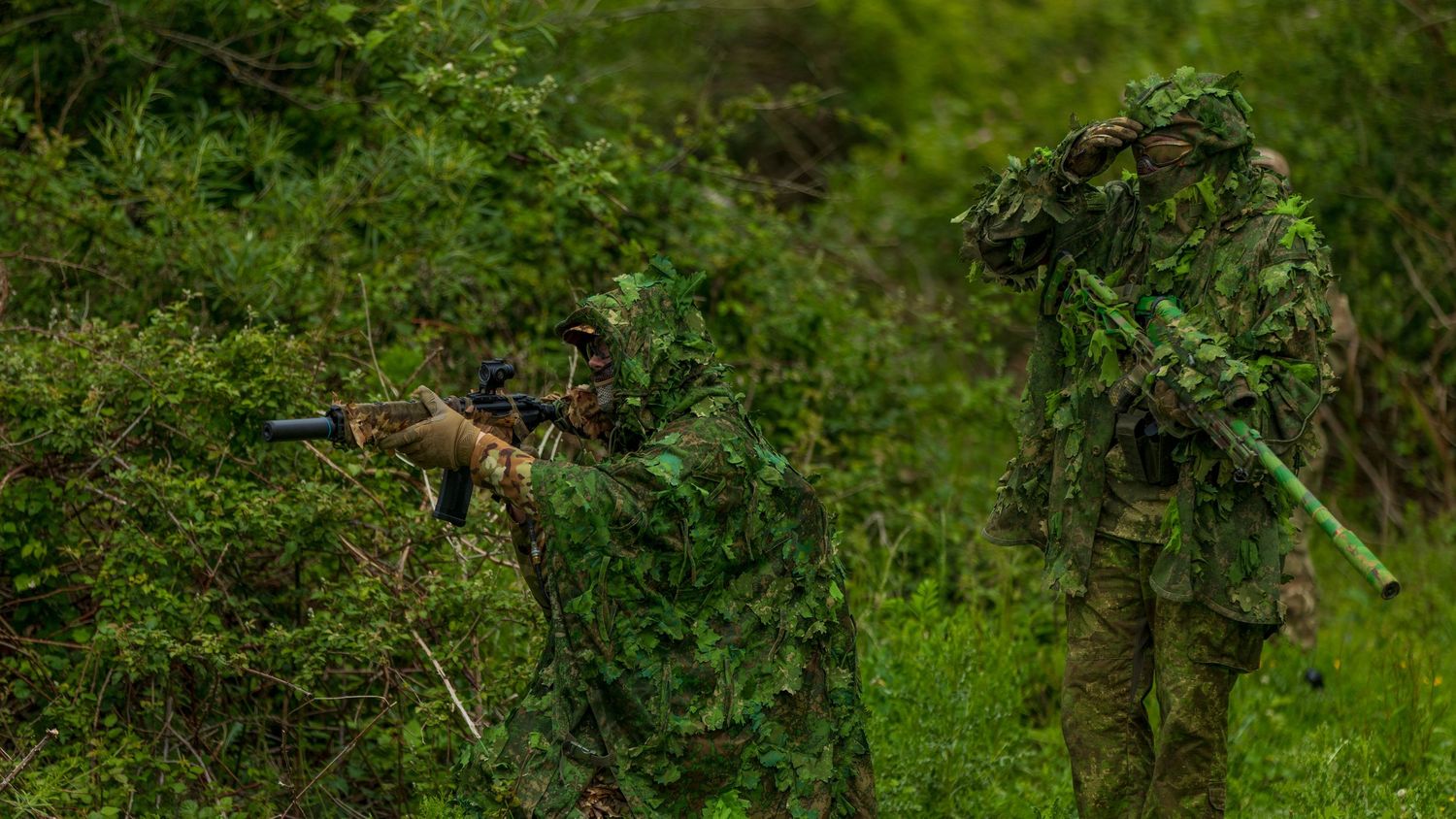 Two soldiers in green ghillie suits aiming rifles through dense shrubby vegetation during field training exercise. Photo Taken by AJCoatesPh