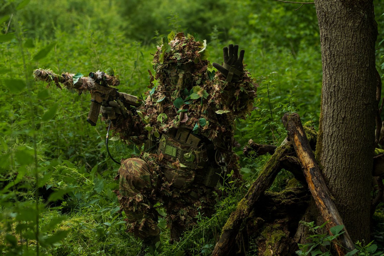 Soldier in full ghillie suit camouflage blending into lush green forest undergrowth during military training exercise. Photo Taken by AJCoat