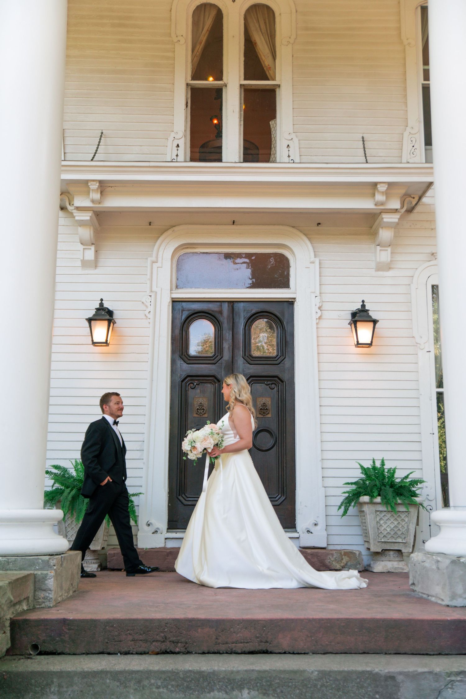 A series of wedding photos showing a couple on a white porch with lanterns and elegant double doors at a historic venue.