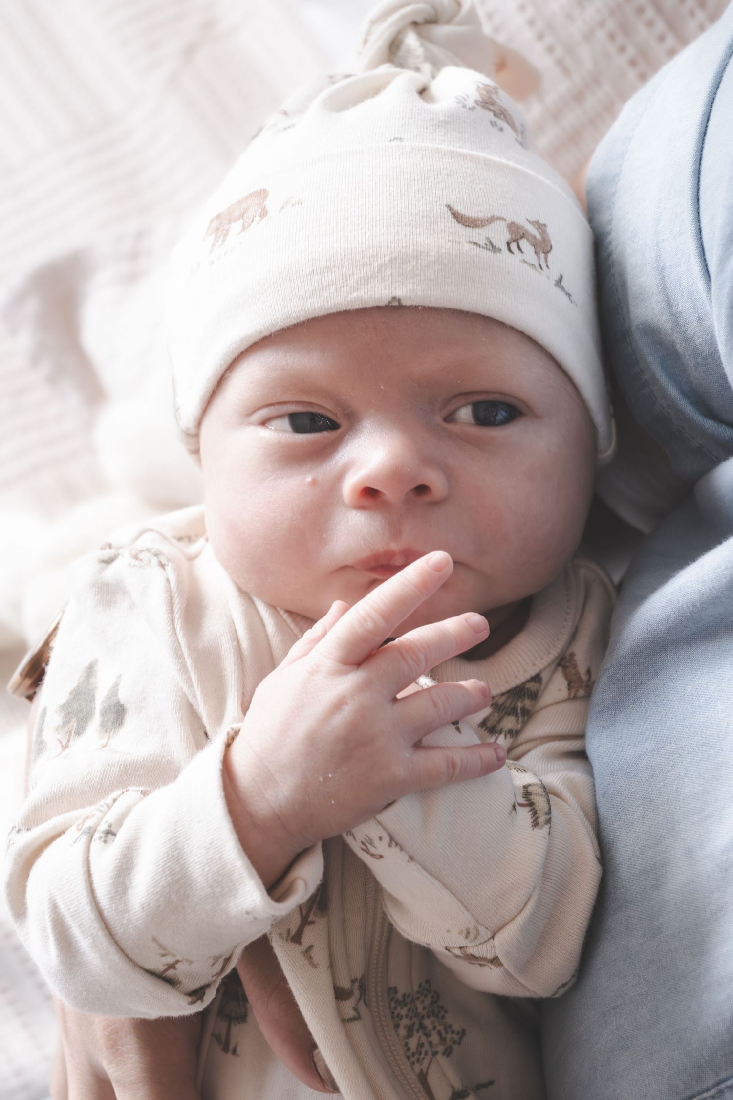 Newborn baby wearing a beige animal print hat and onesie, with tiny hand raised to mouth, lying peacefully.