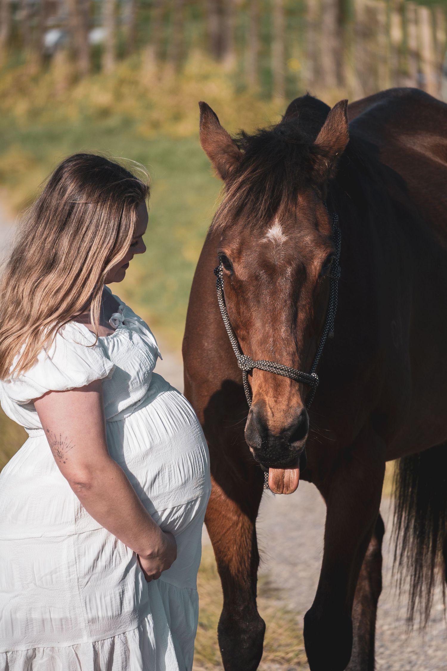 Pregnant woman in white dress stands beside a brown horse outdoors in a sunny field.