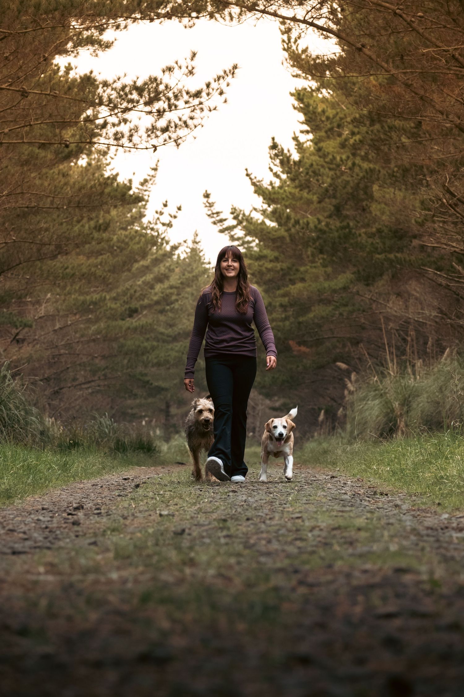 Woman walking two dogs on a tree-lined path in a park, smiling as she strolls through nature.