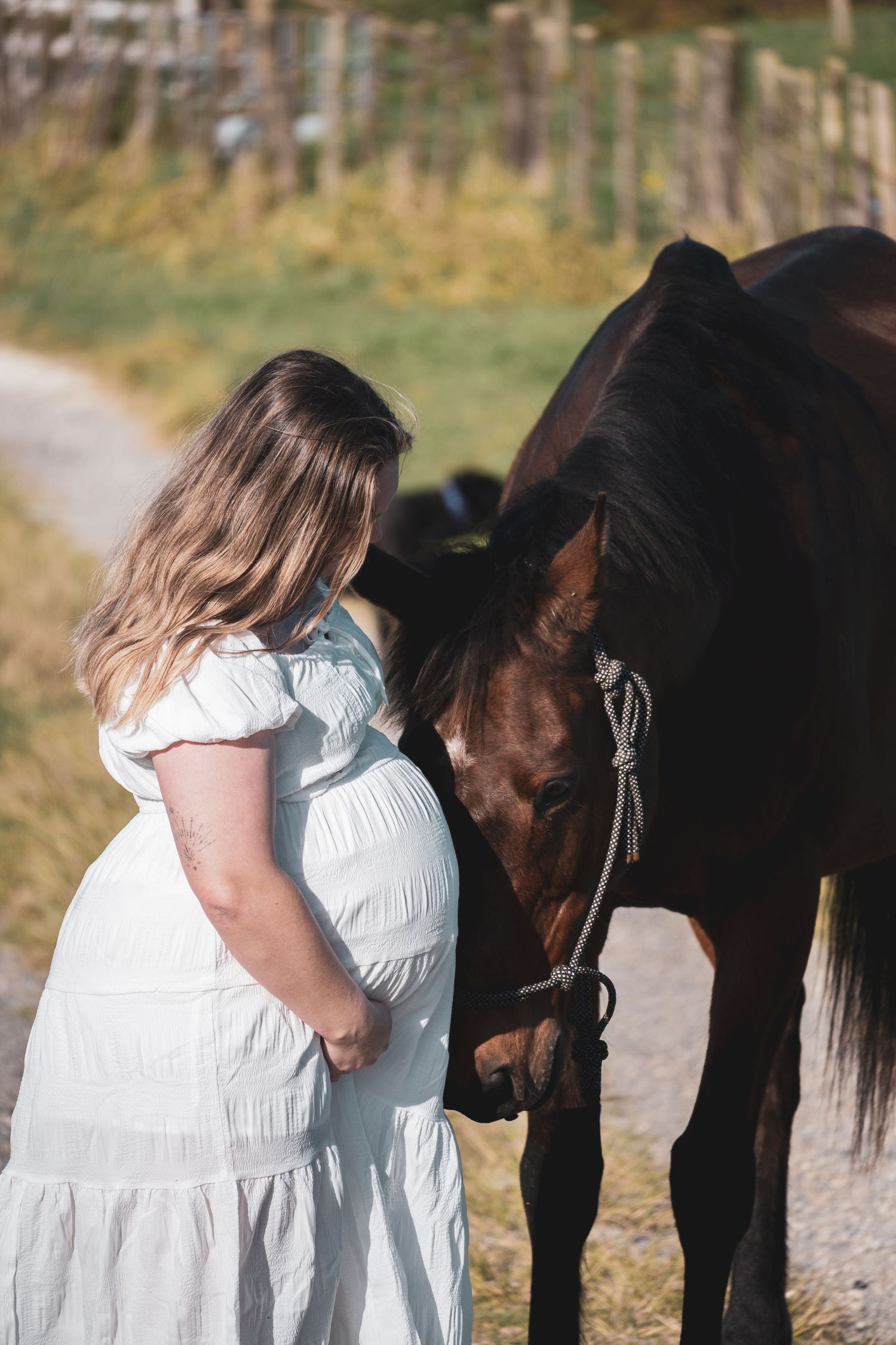 Pregnant woman in white dress standing beside a brown horse on a sunny farm path.