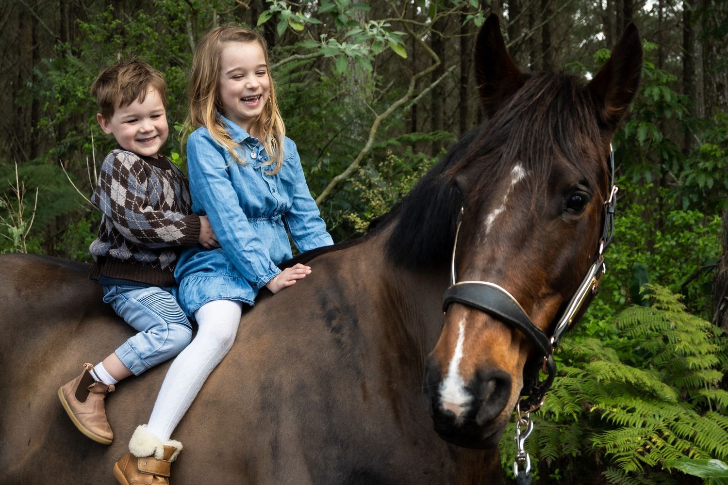 Two children sitting on a bay horse in a lush forest setting, smiling joyfully during an outdoor equestrian photo.