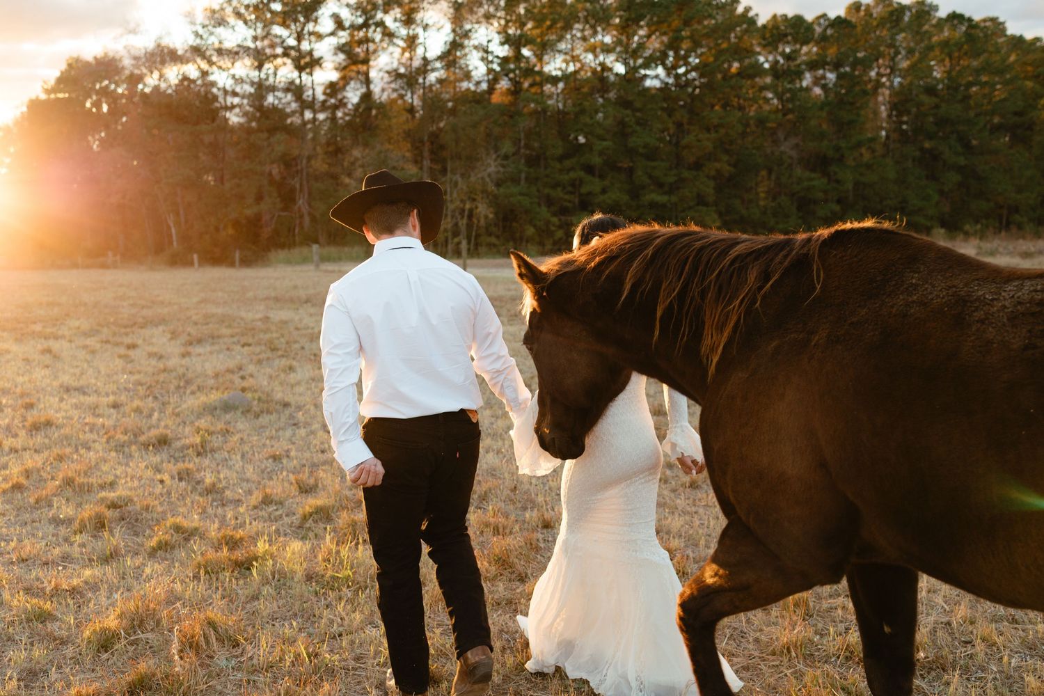 Couple in western attire walking hand in hand beside a brown horse in a sunlit field.