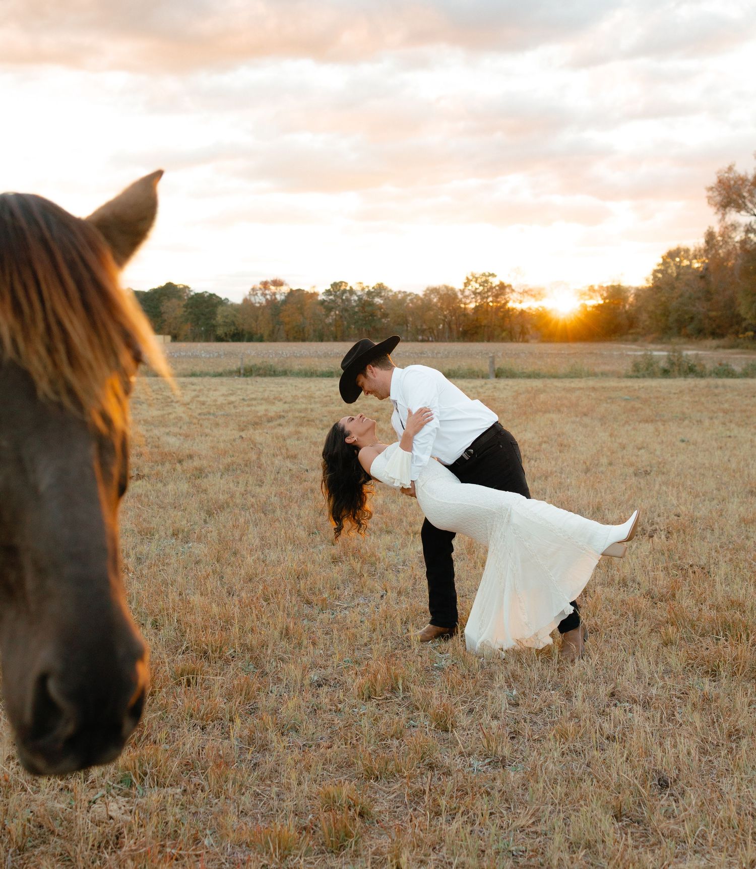 Bride and groom share a romantic dip kiss in a golden field at sunset with a horse in the foreground.