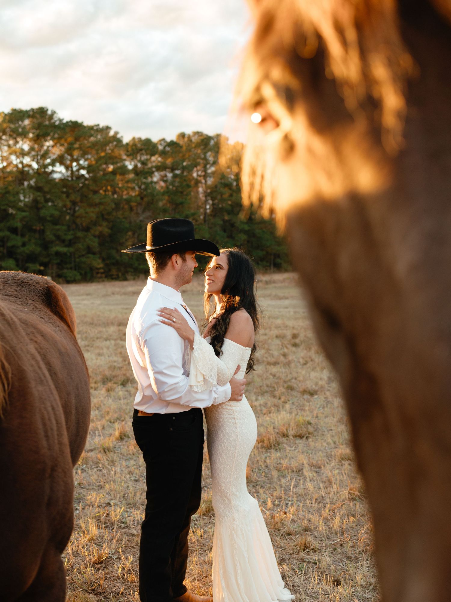 Bride and groom embrace romantically between two horses in a glowing golden sunset field wearing western wedding attire.
