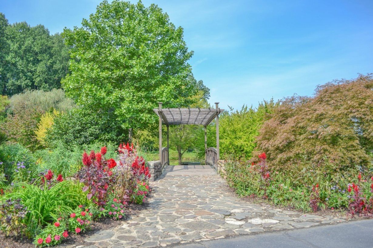 Stone path leads through a lush garden with colorful flowers, pergola, and tall green trees on a sunny day.