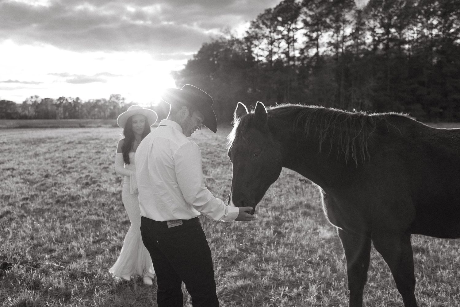 Black and white photo of couple with horse at sunset in an open field, bride in flowing white dress.