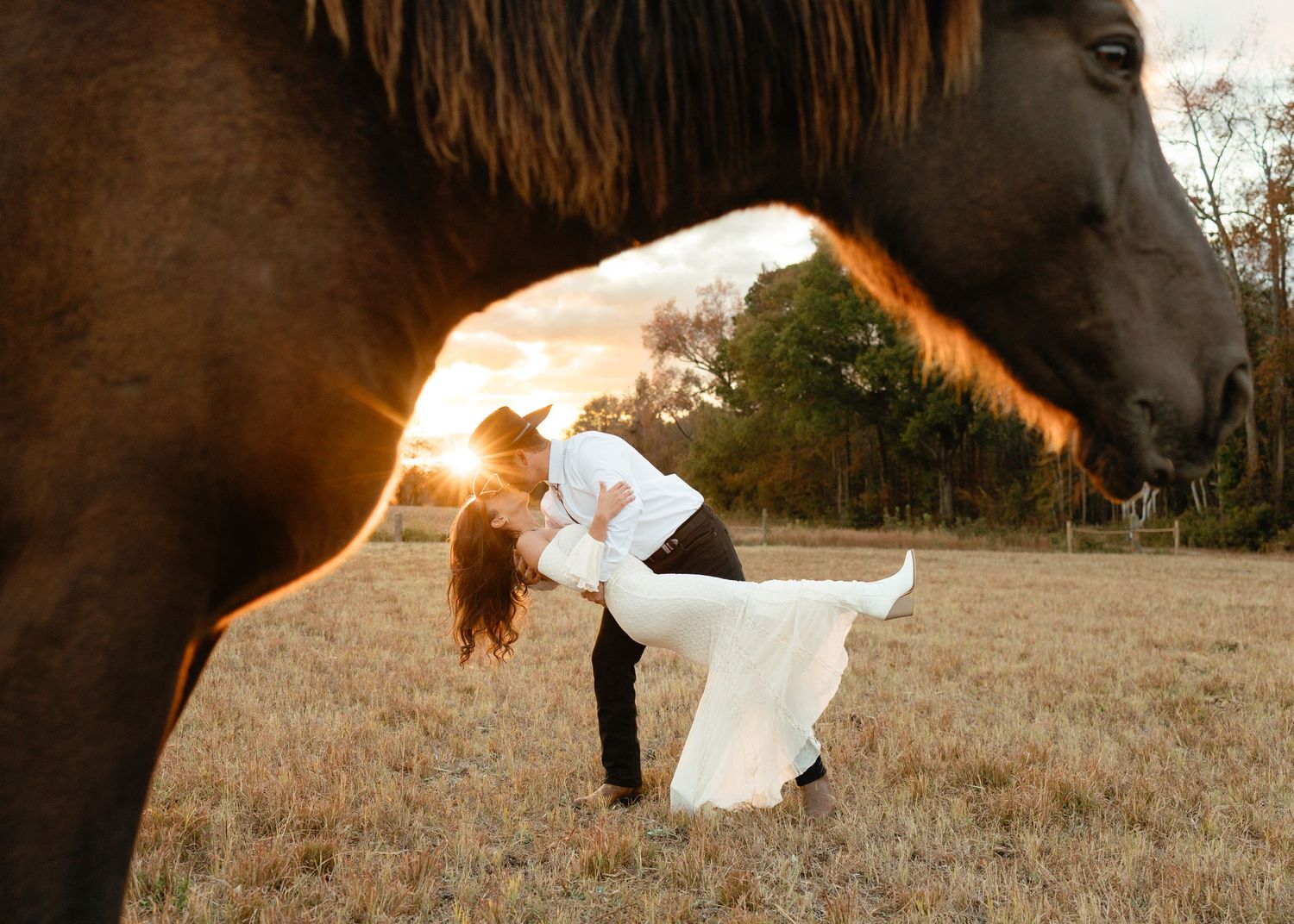 Bride and groom share a romantic dip kiss at sunset framed by a horse in a golden field.