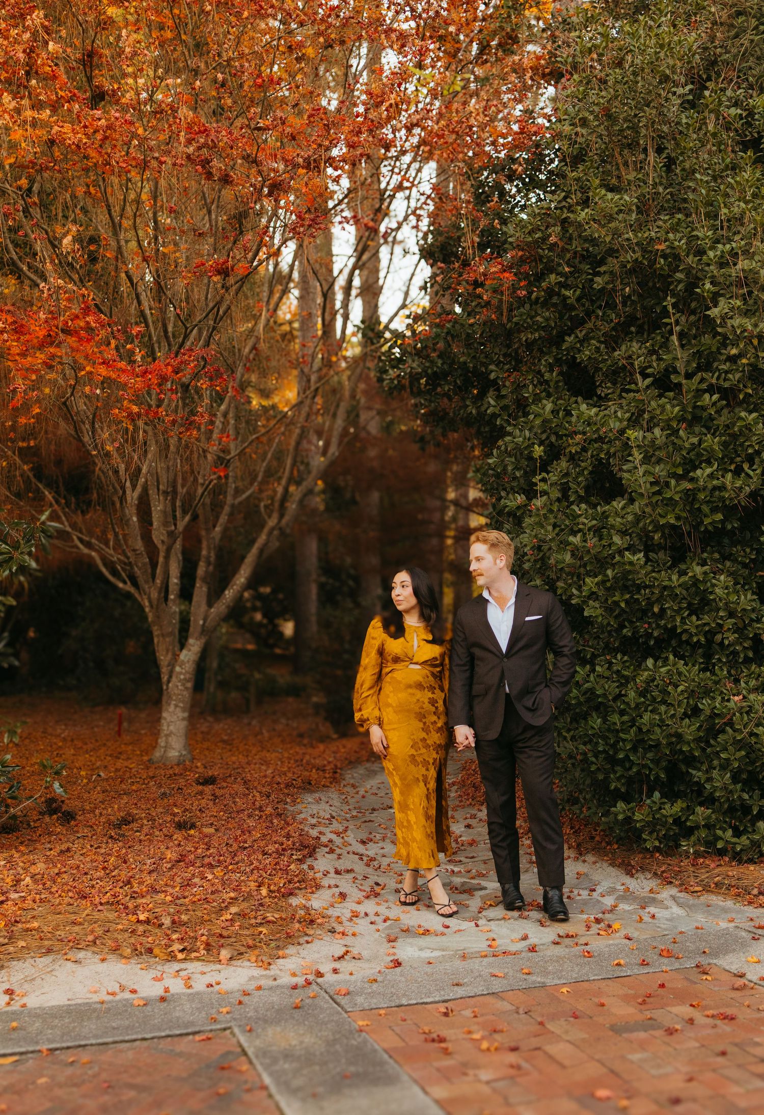 Couple walking hand in hand on a path surrounded by vibrant red and orange autumn foliage in a garden.