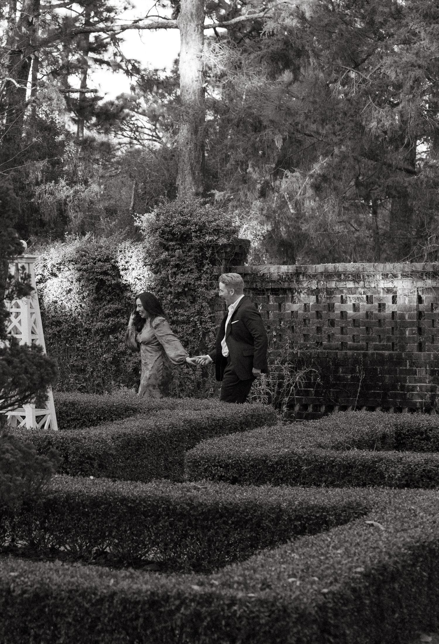 Black and white photo of couple holding hands walking through manicured boxwood garden maze.