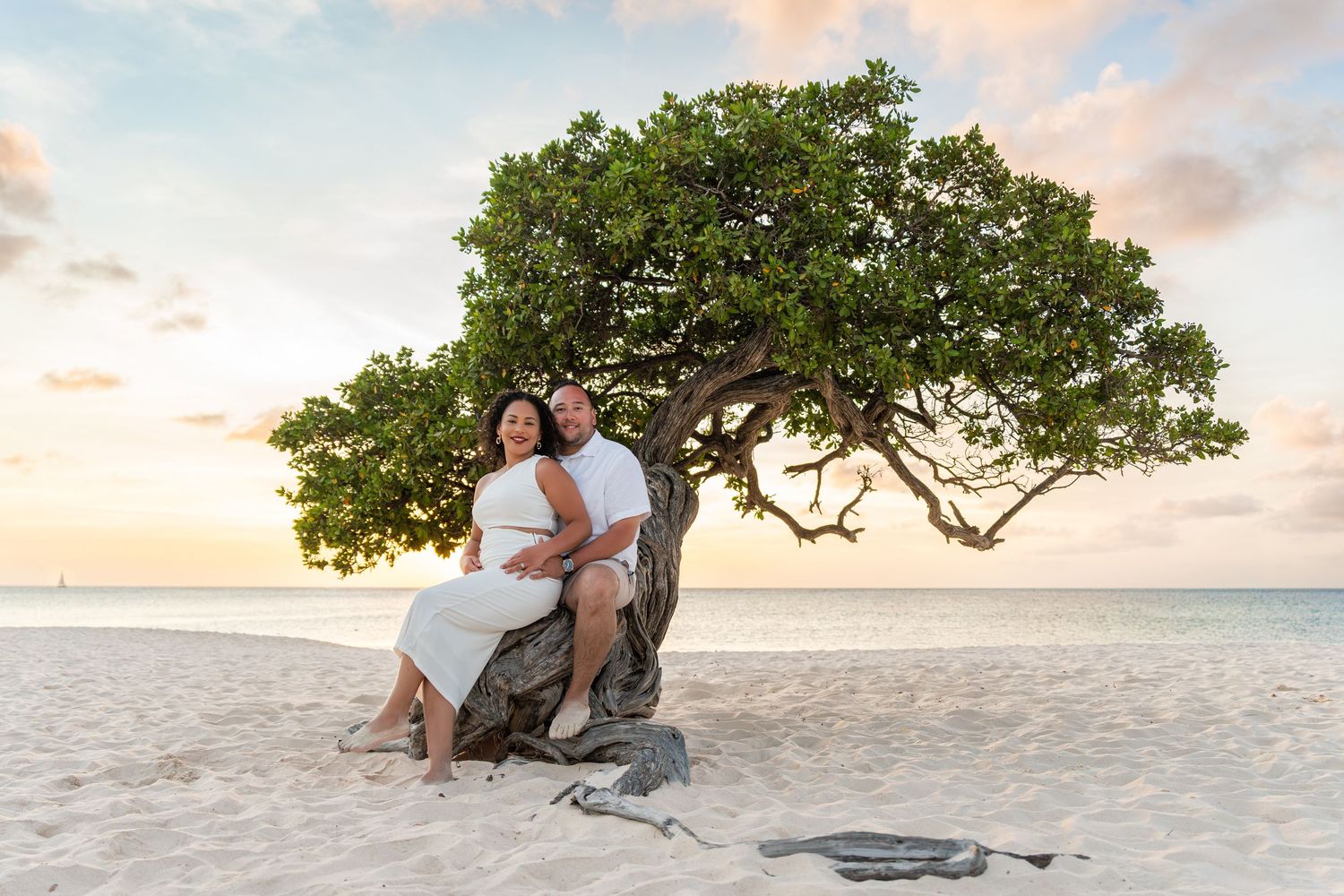 Couple sitting together under a large divi-divi tree on a sandy beach at sunset in Aruba – Jonathan Geerman Studio