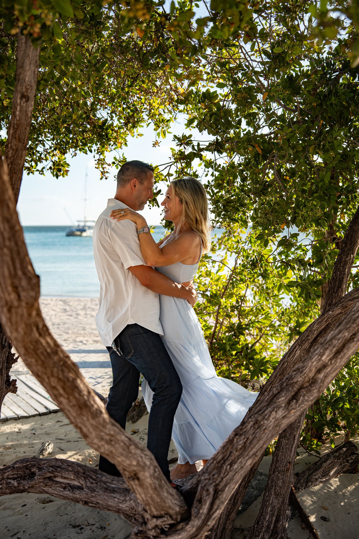 Couple embracing under a tree on an Aruba beach at golden hour, turquoise water behind them.