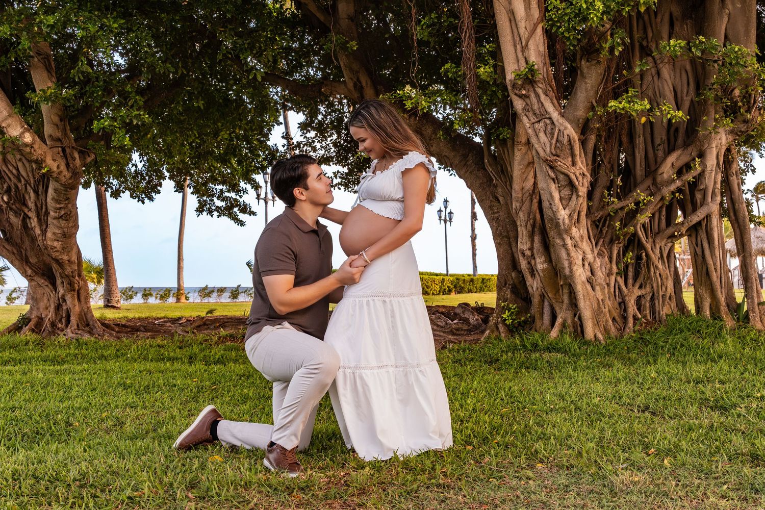 Man kneeling before pregnant woman in white dress under large tree in tropical park.