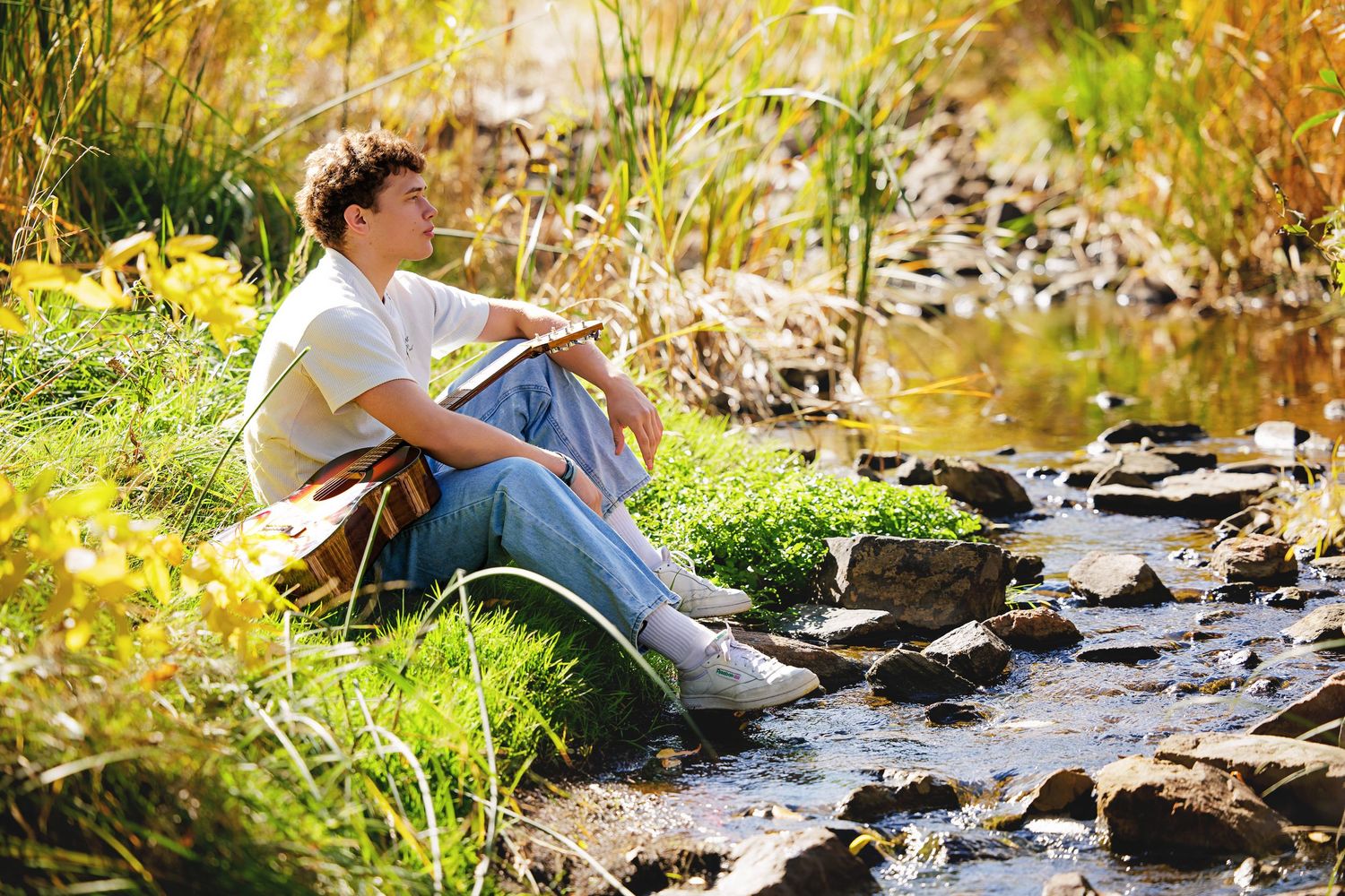 A young man sits relaxed by a rocky stream surrounded by lush green grass and golden reeds on a sunny day.