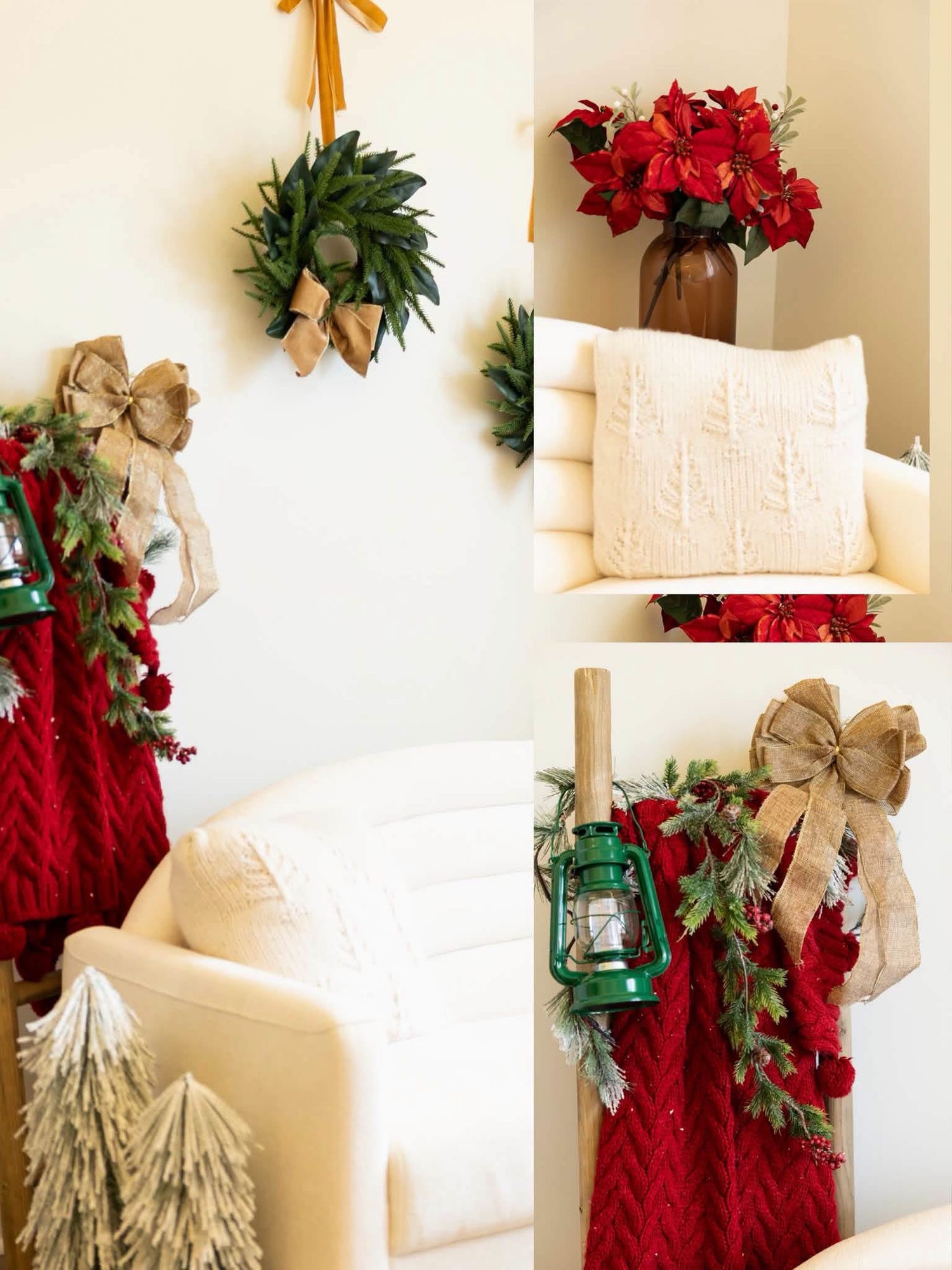 Christmas collage with a green lantern, red knit blankets, burlap bows, garland, a wreath, poinsettias and a cream pillow on a white chair.