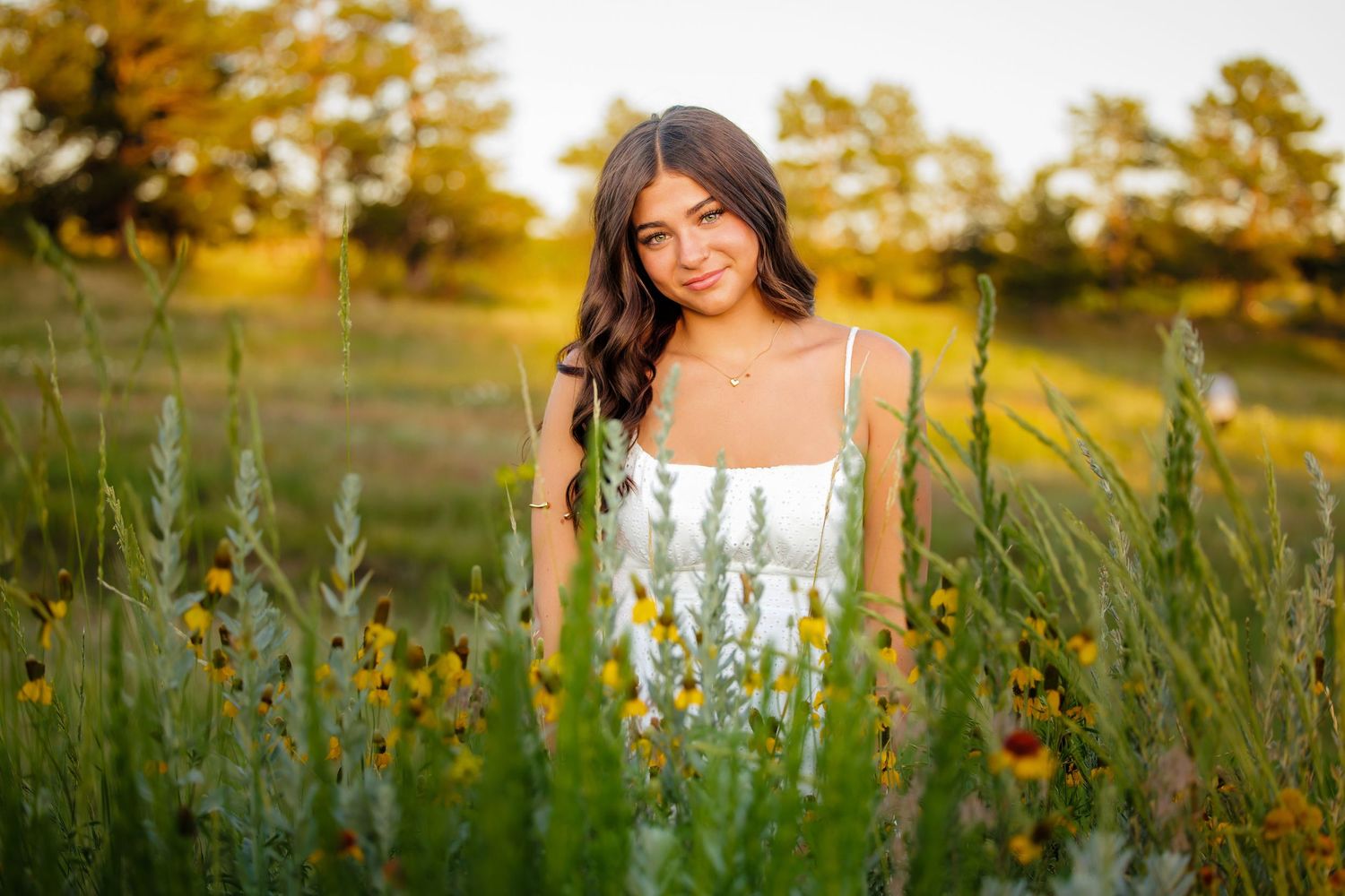 Brunette teenage girl in white dress standing among wildflowers in golden sunlight. Nature Denver CO Senior photos