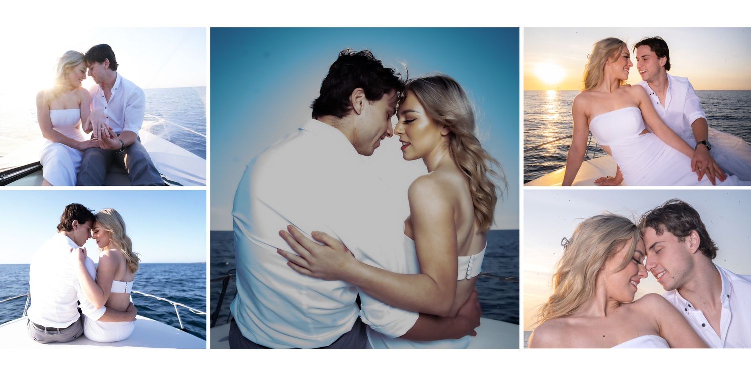 A couple shares romantic embraces on a boat at sea in a warm sunset wedding photo collage.