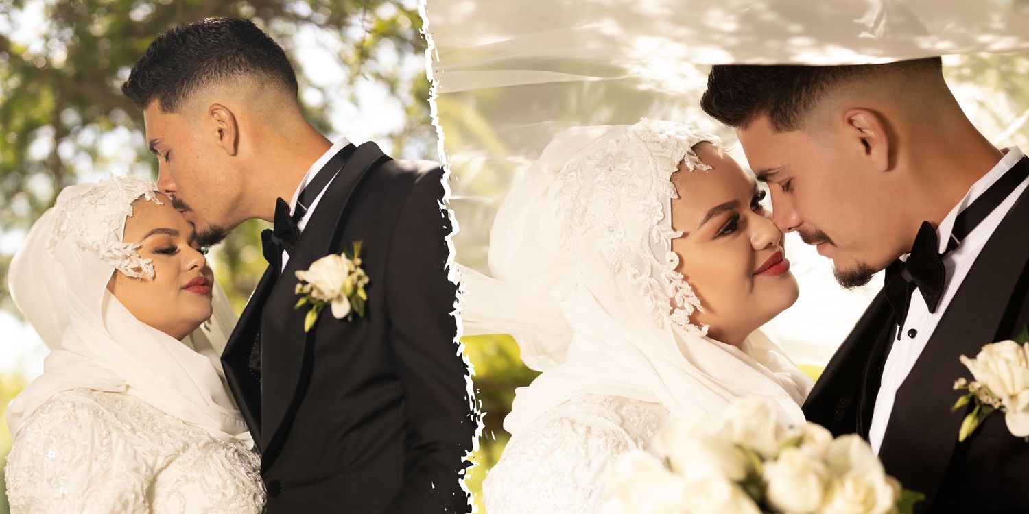 A Muslim bride and groom in elegant white and black wedding attire share a romantic moment outdoors.
