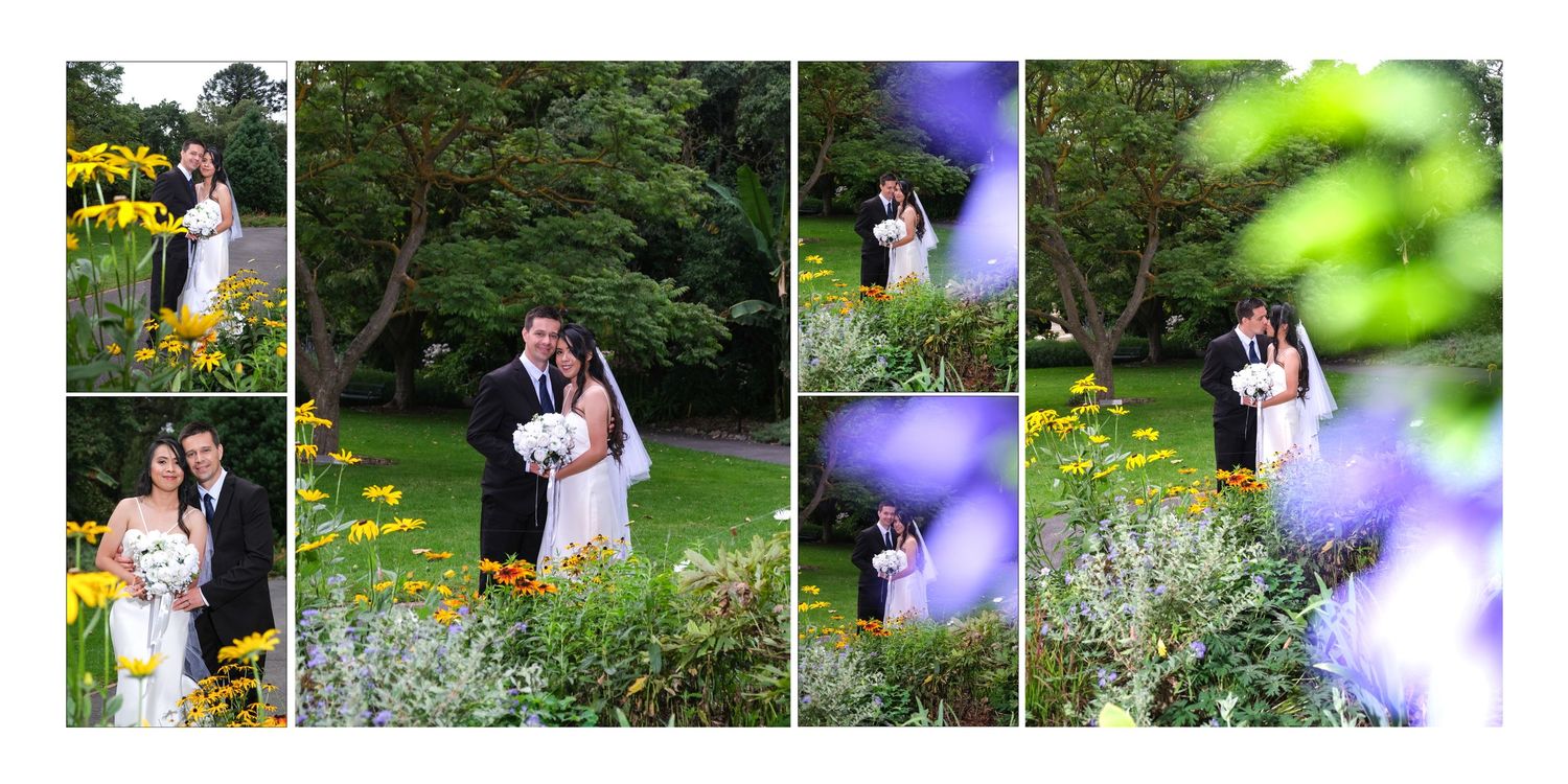 A bride and groom share tender embraces surrounded by colorful wildflowers in a lush garden collage.