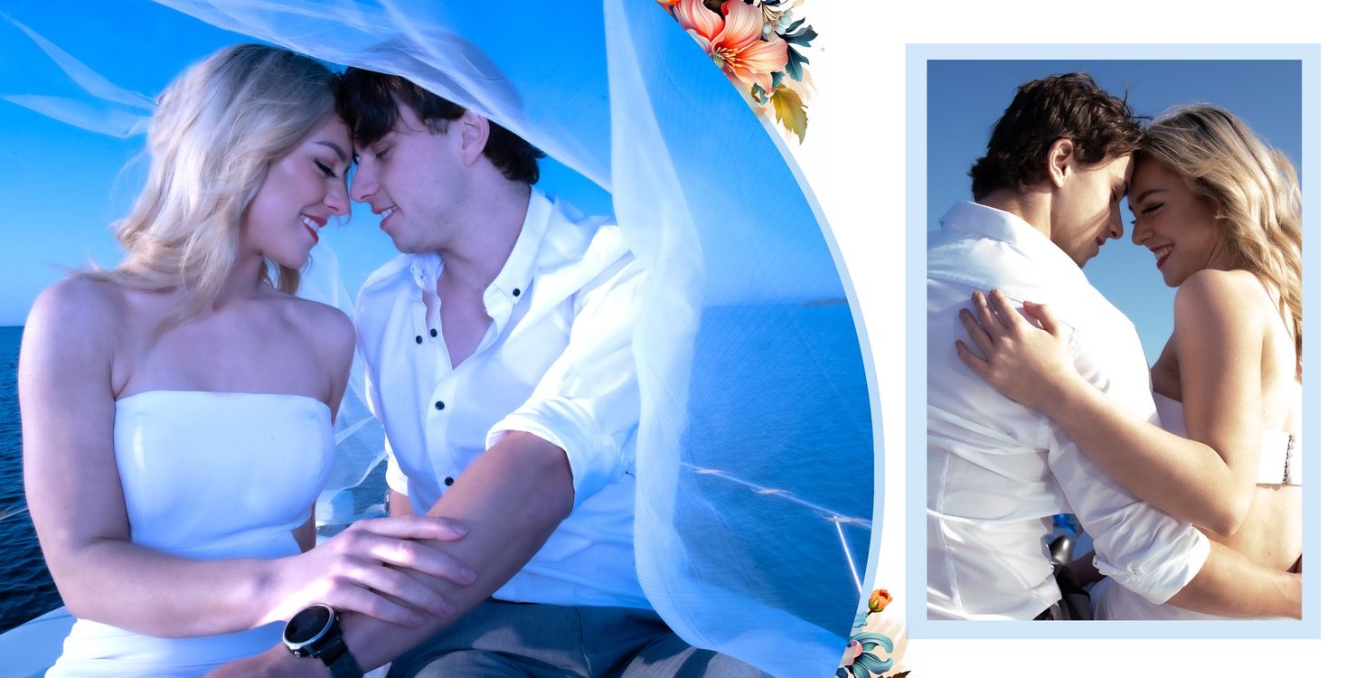 A romantic couple embraces on a sailboat at sea in a dreamy blue-toned wedding photo collage.