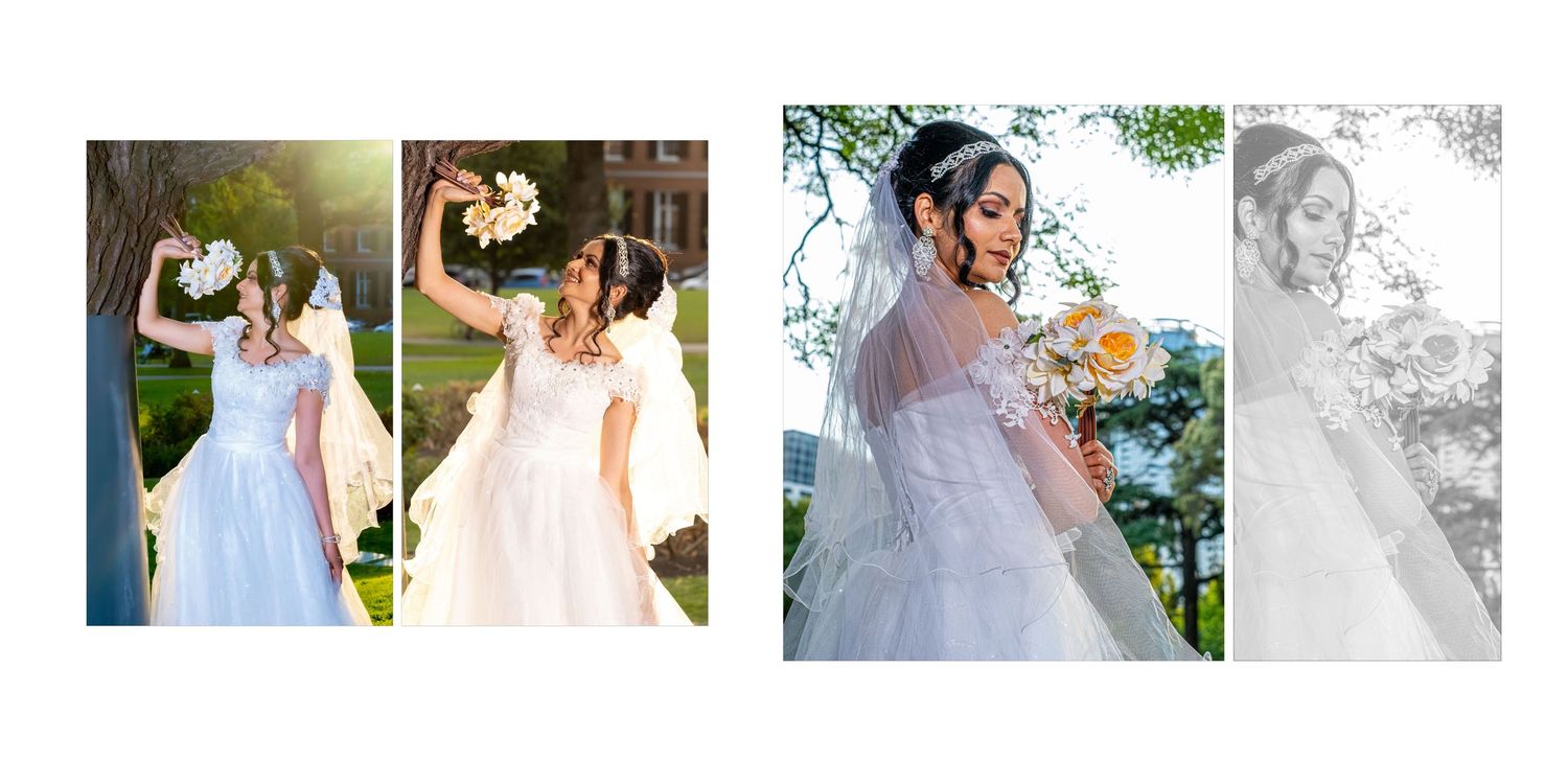 A bride in a white gown celebrates joyfully outdoors holding a bouquet in a dual wedding photo collage.