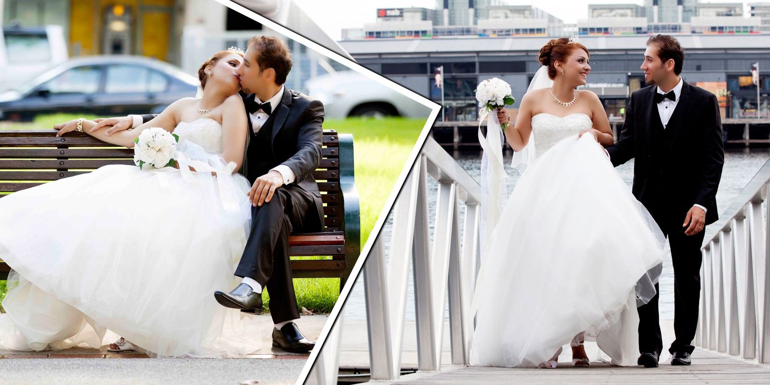 A bride in a white ballgown and groom in a tuxedo share romantic moments on a city waterfront.