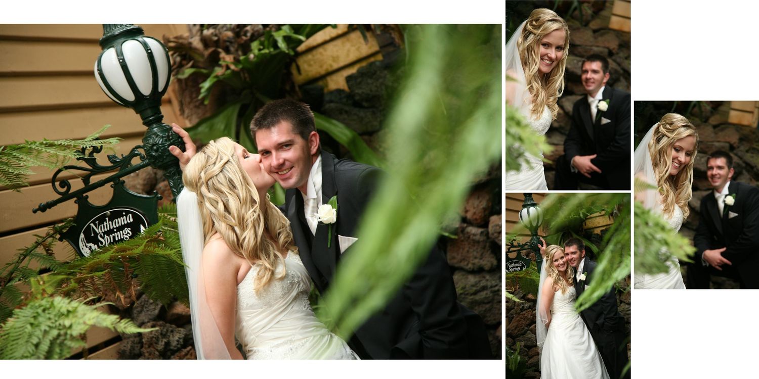Wedding photo collage of blonde bride and groom posing among lush green ferns and garden foliage.