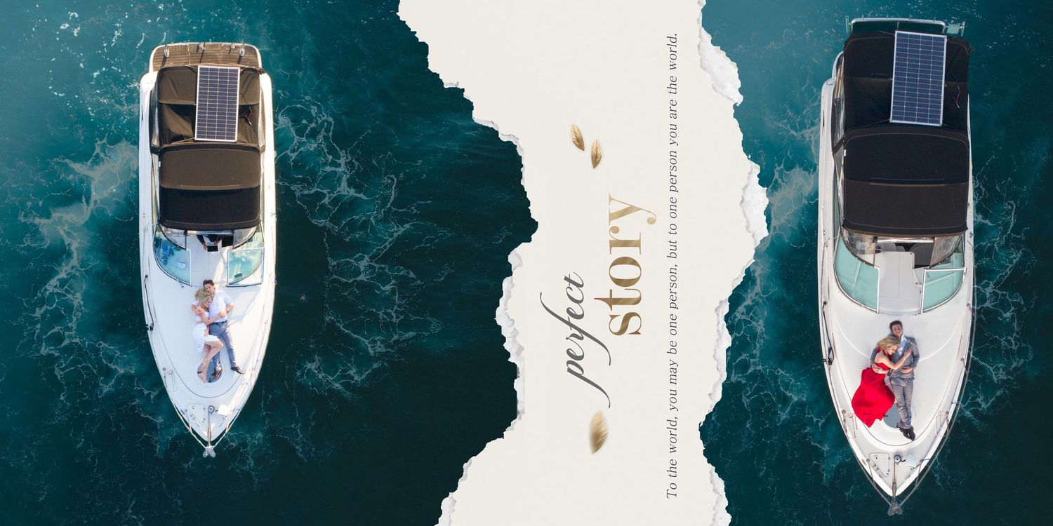 A split aerial view of a bride and groom on separate boats on turquoise water with a perfect story text overlay.