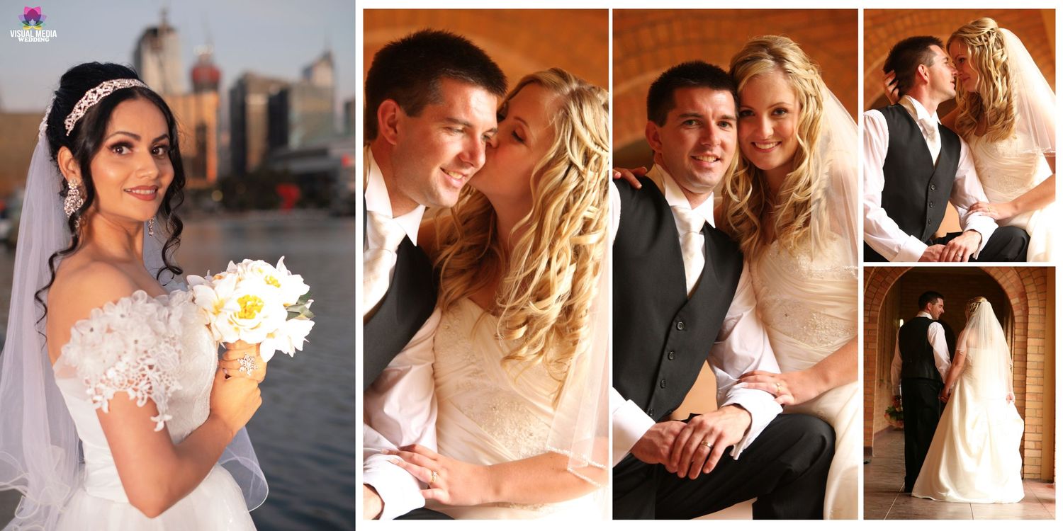 Elegant wedding collage featuring bride with white bouquet and couple portraits against city skyline backdrop.