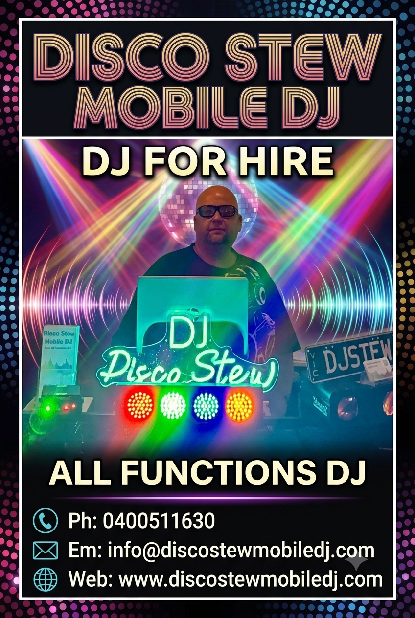 Disco Stew Mobile DJ promotional flyer with colorful lights and contact details.