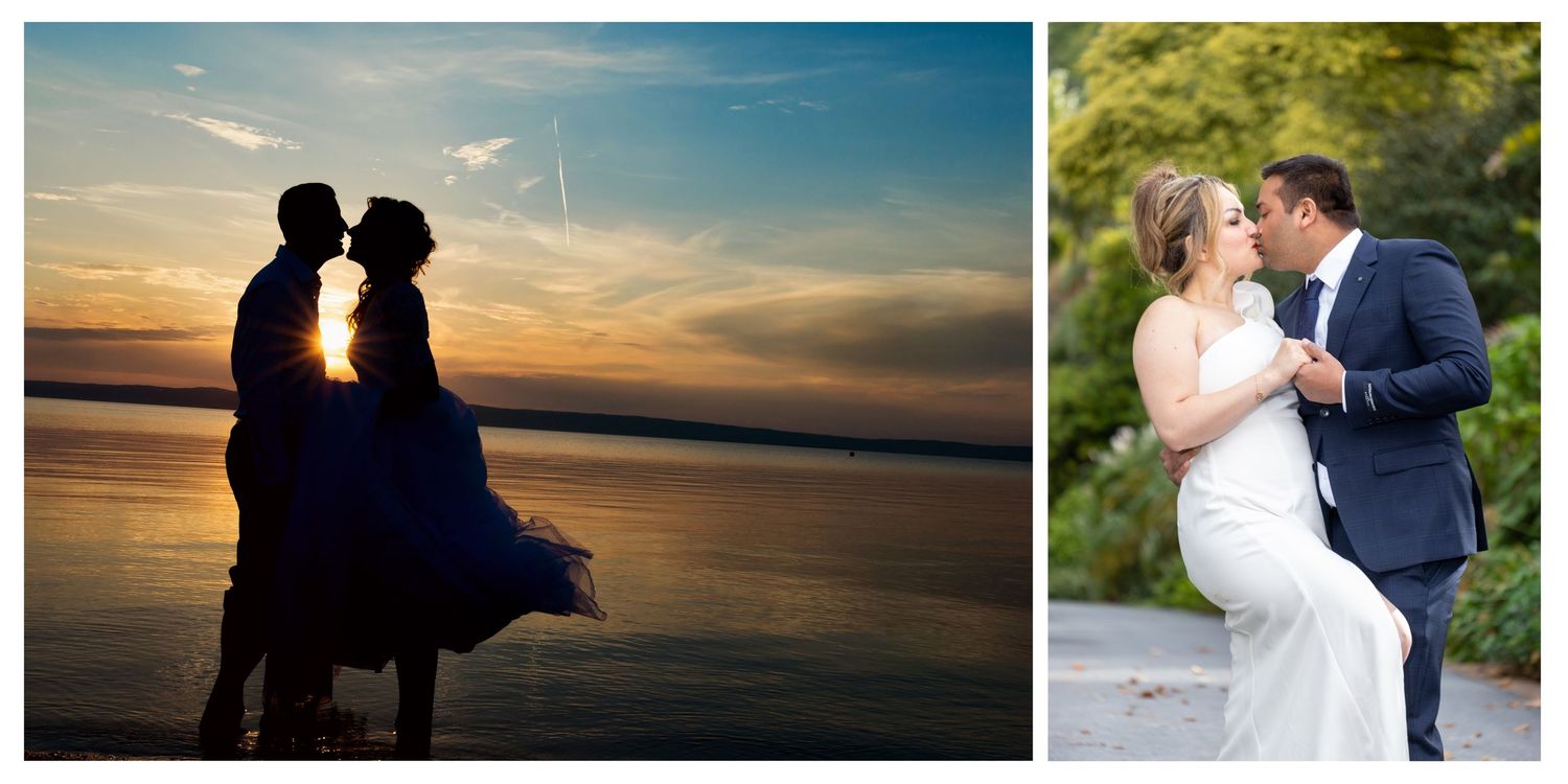 Romantic wedding couple kissing at sunset by water and garden portrait collage.