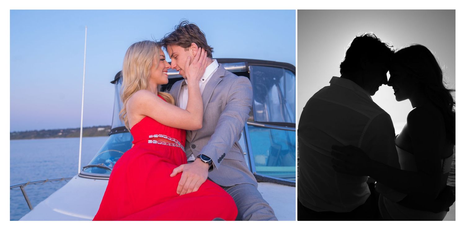 Couple sharing romantic moment on boat in red dress at sunset, with silhouette portrait.