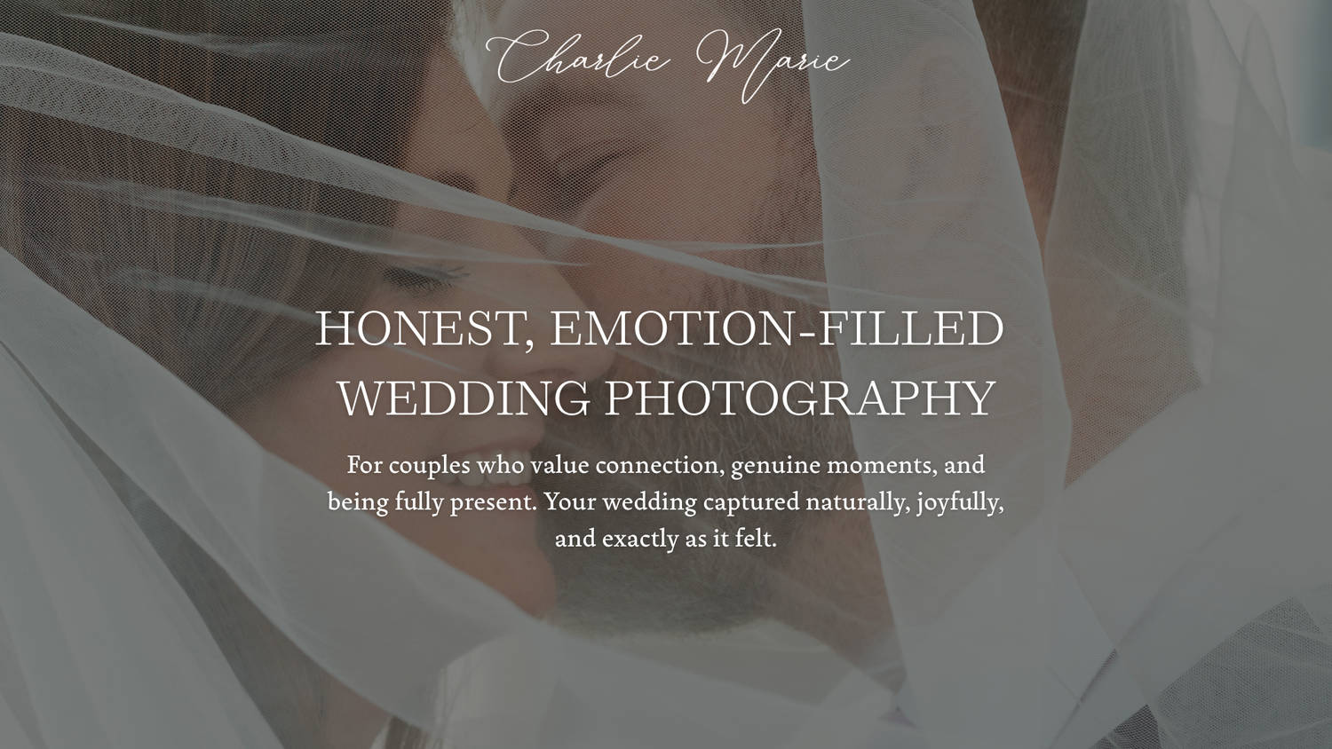 Wedding photography website homepage featuring an emotional couple embracing, with elegant serif text overlay.