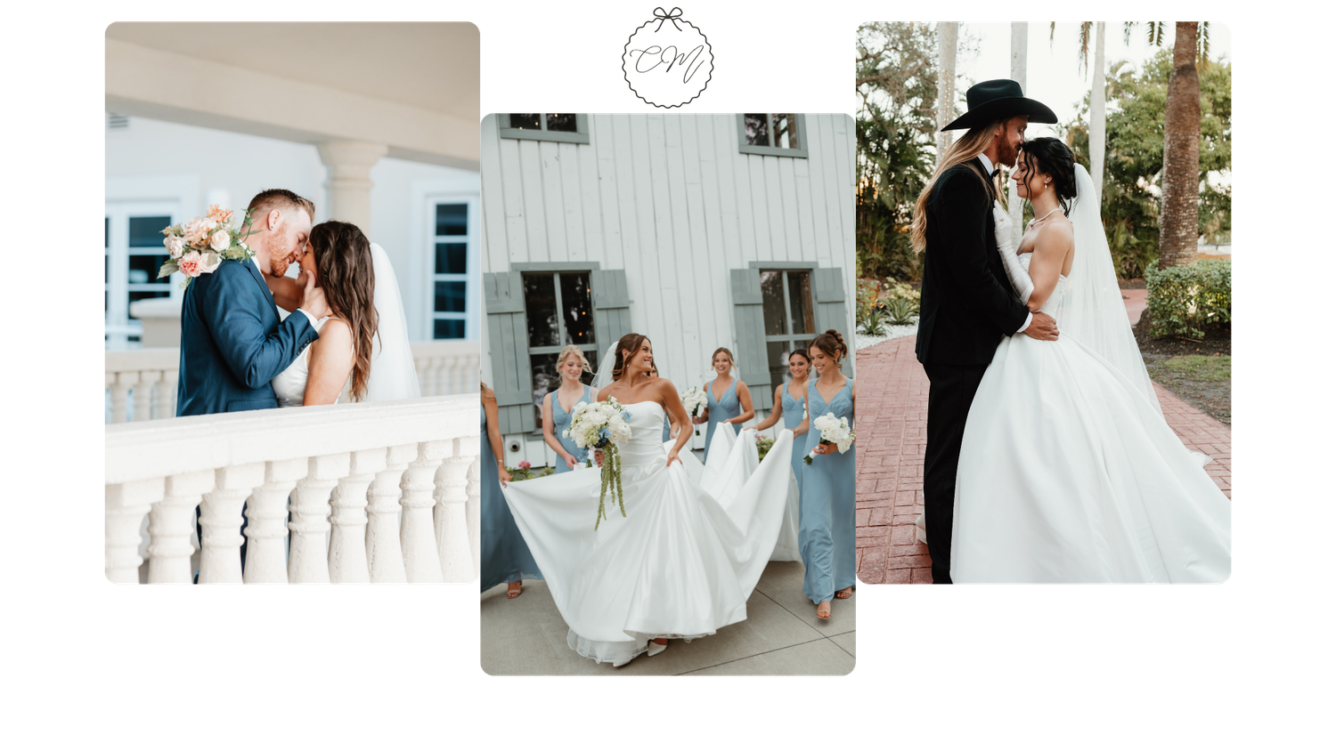 Romantic wedding collage featuring couples kissing on balcony, bridesmaids in blue, and bride with groom in black hat.