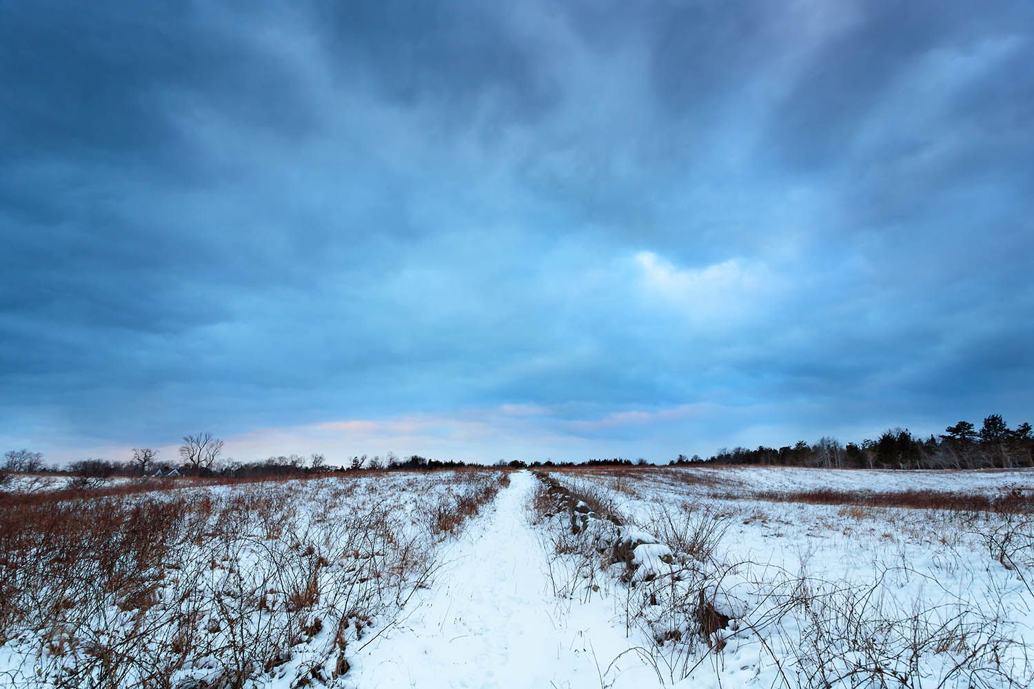 Color landscape photograph showing a wintery trail leading down to the beach on Cape Cod in Massachusetts by Architecural photographer.