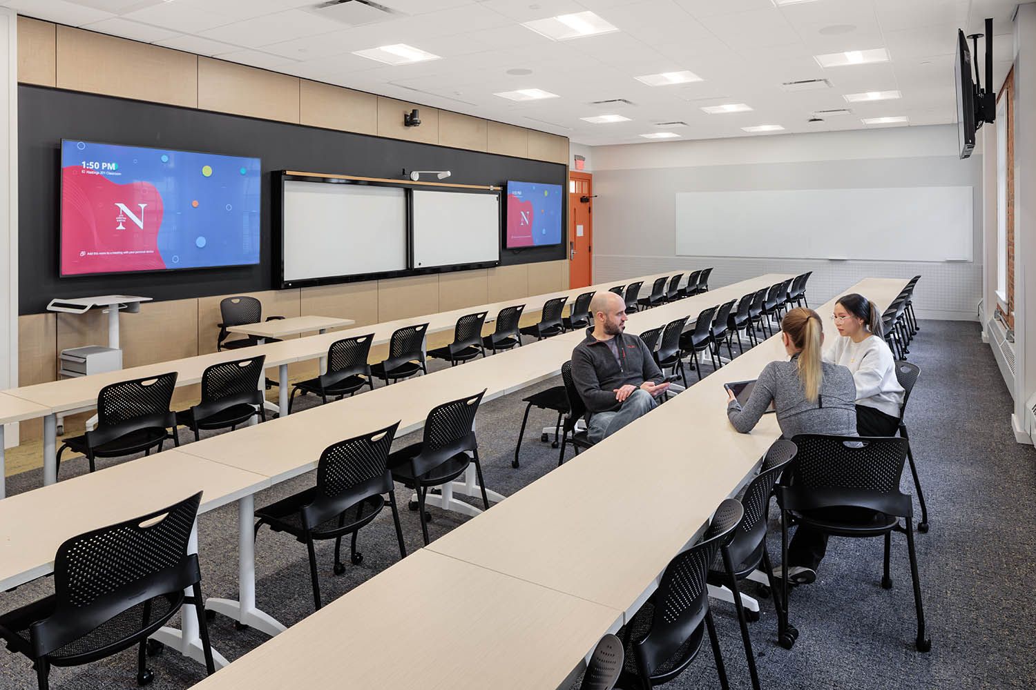 Boston College photography for local architects showing one of the main lecture rooms and break out spaces.
