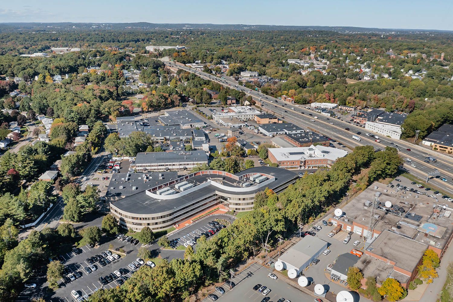 Architectural aerial photograph of office location very close to city of Boston in Massachusetts New England.