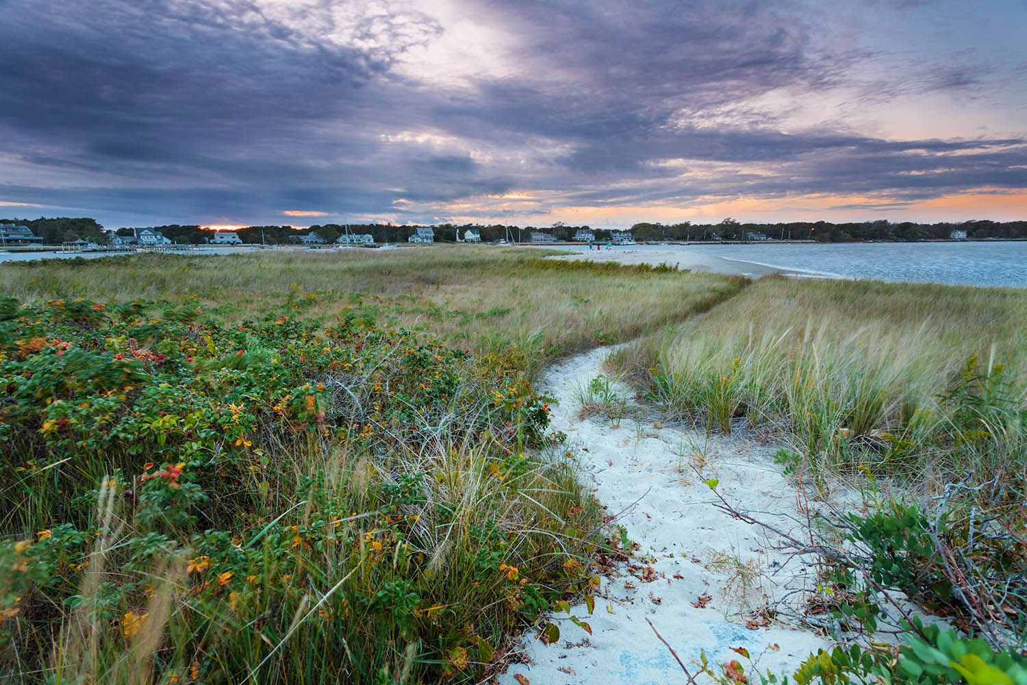 COLOR LANDSCAPE PHOTOGRAPHY FROM BOSTON ARCHITECTURAL PHOTOGRAPHER ROBERTO FARREN SUNSET ON THE COAST OF MAINE PATH LEADING TO BEACH