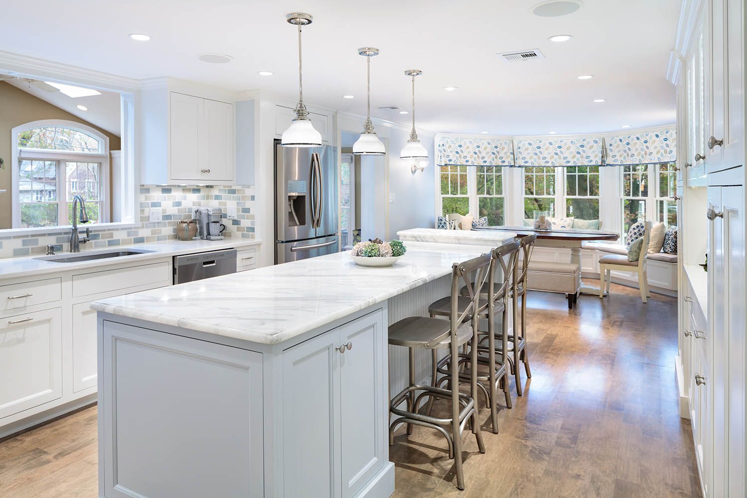 Interior architectural image taken for Boston area general contractor for new residential renovation Hingham MA kitchen island and seating