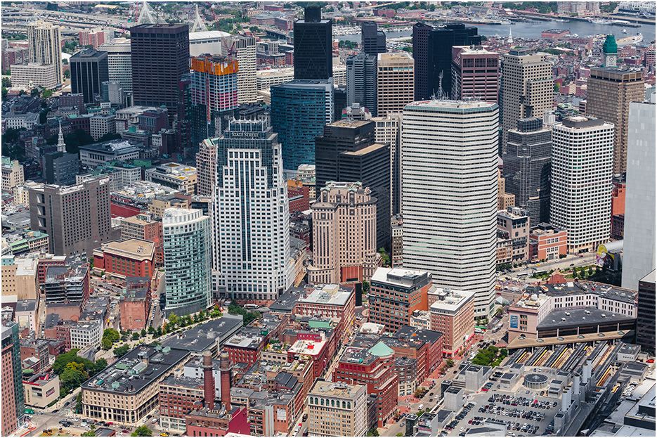 Drone and aerial photograph of Boston Massachusetts in color for commercial real estate marketing