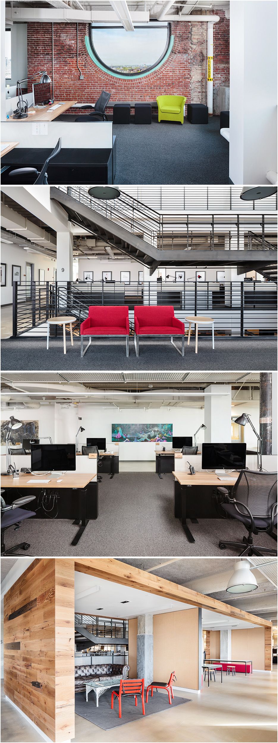 Architectural photograph of Bostons Converse headquarters interiors, showing office working spaces and common areas.