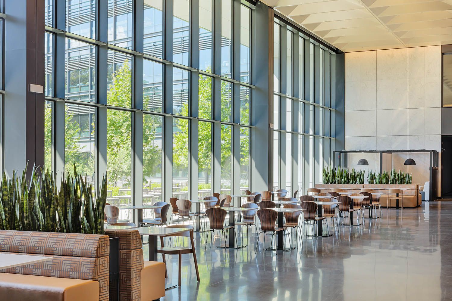 New office and life sciences building in Waltham MA architectural photography of meeting and dining spaces for Boston building developers
