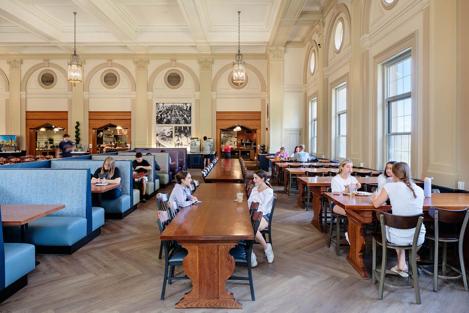 Architectural college photography of main dining room at Holy Cross in Worcester MA to show buffet selection and seating areas.