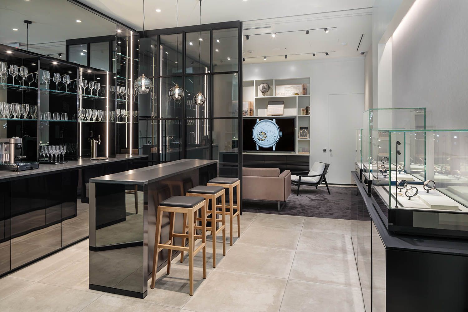 Retail space photograph of Boston watch store on Newbury St in the city by architectural photographer Roberto Farren seating area