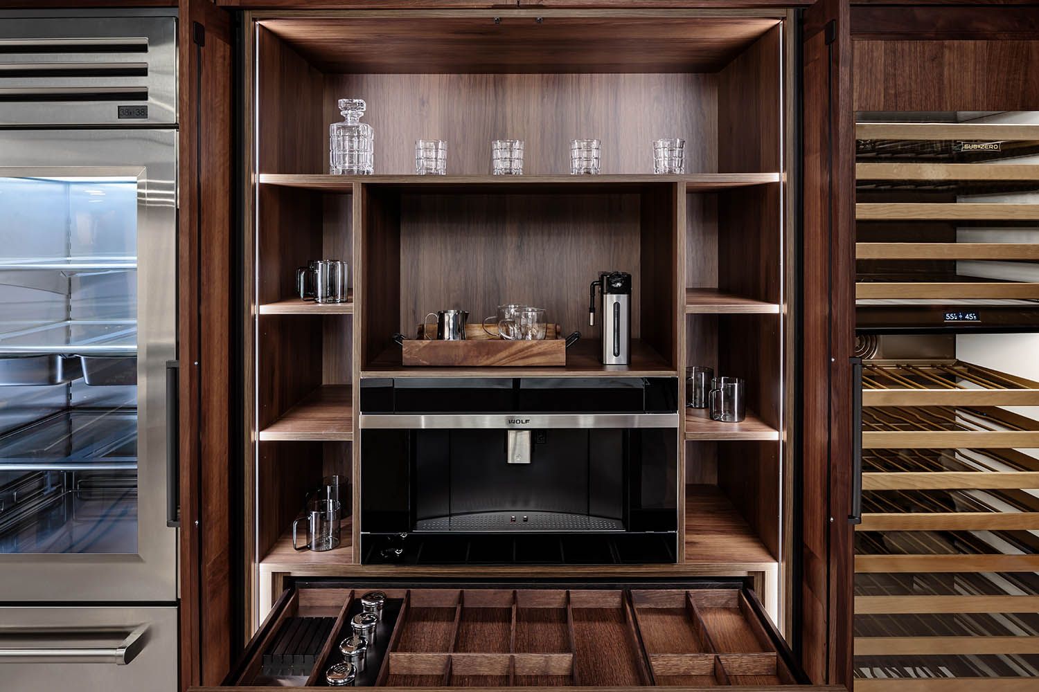 Architectural image taken for Boston area kitchen design company of showroom featuring their dark kitchen angle number 3
