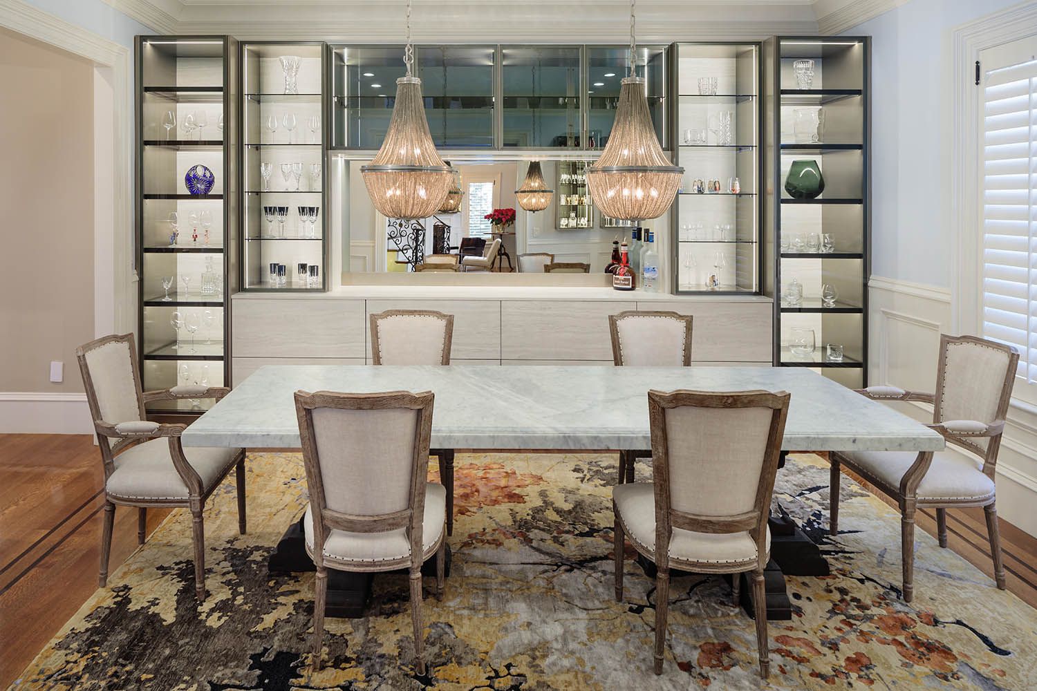 Interior architectural image taken for Boston area kitchen designer showing living room space and storage options