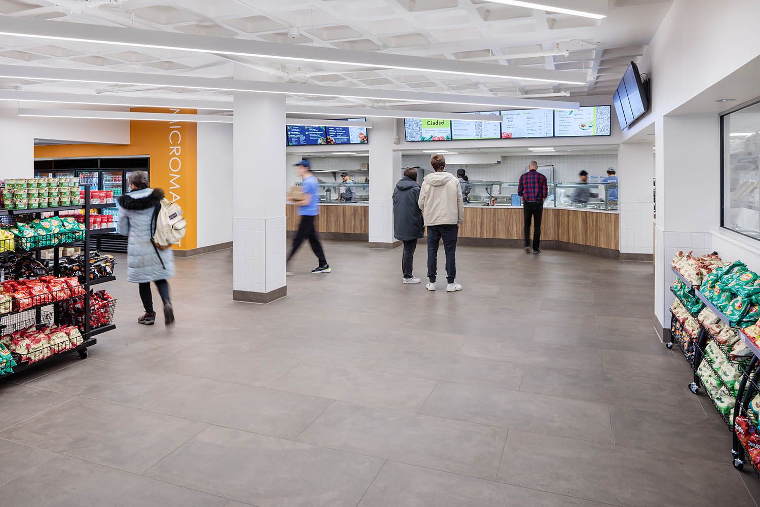 Boston area college architectural photograph showing take out food options and onsite mircomarket. Image taken for Boston architectural firm